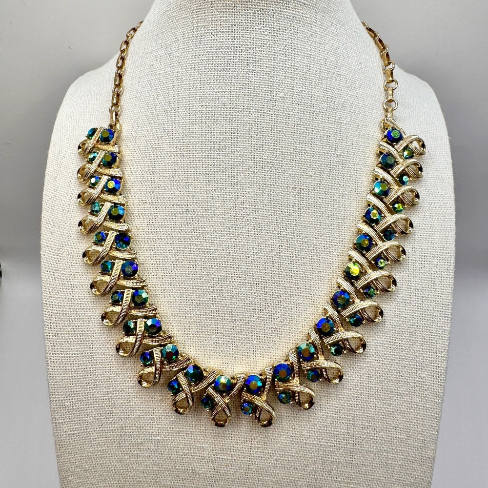 Coro Gold Tone Ribbon Link Choker Necklace w/ Aurora Borealis Rhinestones, 16.5”